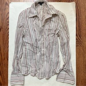 Slim Fit Striped Dress Shirt - White with Red, Brown, Green & Gray Stripes